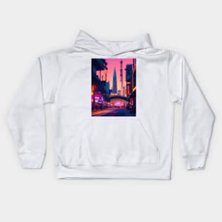 A bustling cityscape at twilight. Kids Hoodie